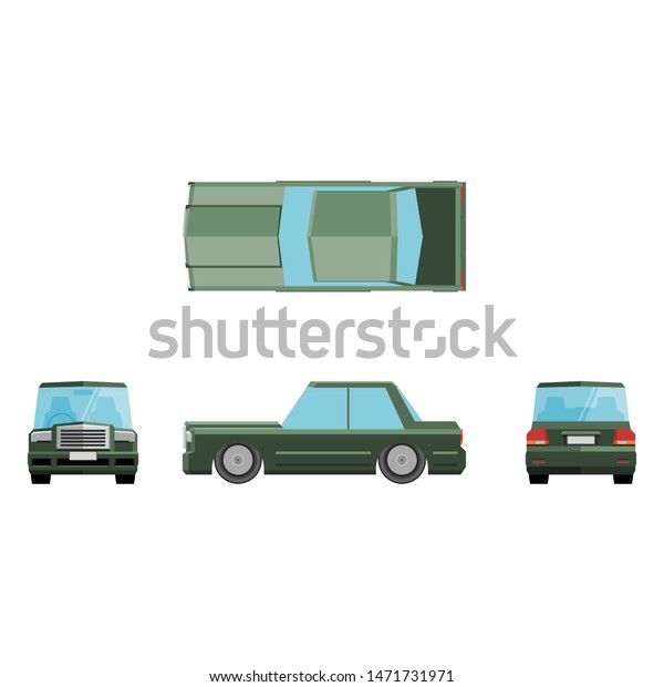 Sedan Car Front, Side, Back and top view\
with moss green color in flat style\
vector