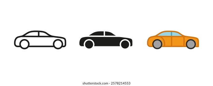 Sedan car icon. Automobile vector illustration. Auto transport symbol. Drive a car sign. Vehicle pictogram. Orange car concept isolated.