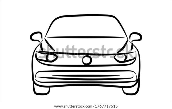 Sedan car\
line art vector icon monochrome illustration. A hand drawn vector\
line art of a sedan car. Front\
view.