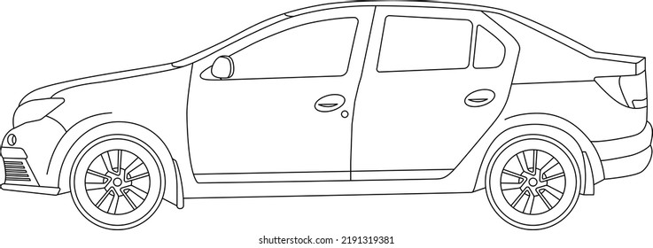 Sedan car in linear style vector drawing for coloring