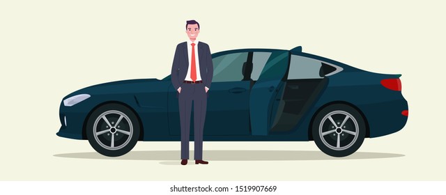 Sedan car with open back door and a waiting man. Vector flat style illustration.