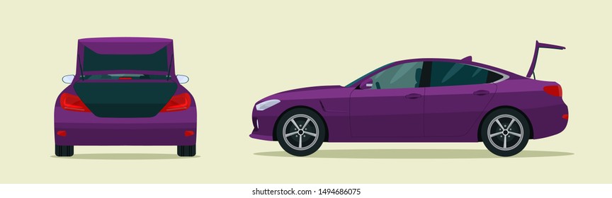 
Sedan car with open boot. Side and back view. Vector flat style illustration.