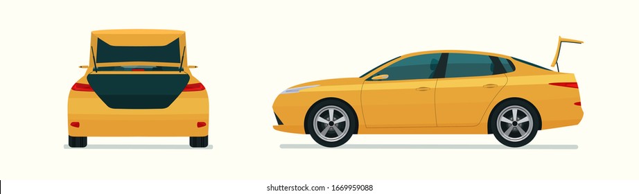 Sedan Car With Open Boot. Side And Back View. Vector Flat Style Illustration.