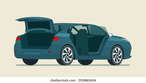 Sedan car with open trunk and door. Vector flat style illustration.