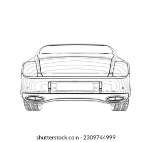 Sedan car in outline. Business sedan vehicle template vector isolated on white. Sport car outlined sketch, stylized vector symbol. High-end car. Vector draw with black lines. Technical drawing.