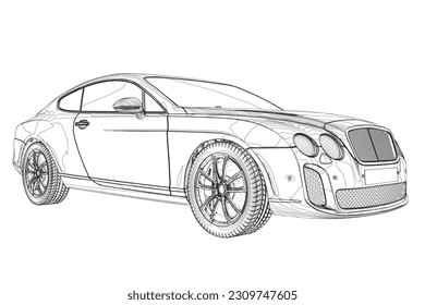 Sedan car in outline. Business sedan vehicle template vector isolated on white. Sport car outlined sketch, stylized vector symbol. High-end car. Vector draw with black lines. Technical drawing.