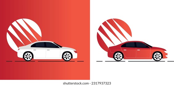 Sedan car with red background and side view car.