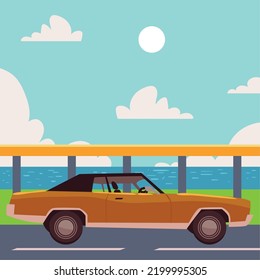 Sedan Car Road Trip, Vector Style