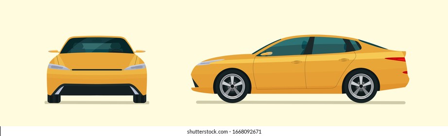 Sedan car two angle set. Car side and front view. Vector flat illustration.