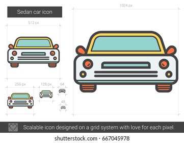 Sedan car vector line icon isolated on white background. Sedan car line icon for infographic, website or app. Scalable icon designed on a grid system.