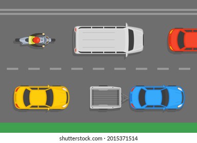 Sedan Cars With Trailer, Minivan And Motorcycle Rider On Lanes. Asphalt City Road Top View. Flat Vector Illustration Template.