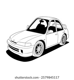 a sedan, depicted in a clean and detailed line art style, highlighting its contours and features, making it visually appealing and relevant for automotive design enthusiasts