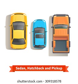 Sedan, hatchback cars and pickup truck top view. Flat style vector illustration isolated on white background.