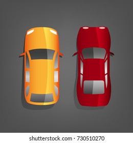 Sedan and hatchback cars top view. Flat style vector illustration isolated on a dark grey background.