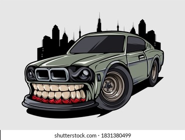 sedan illustration cartoon with building background