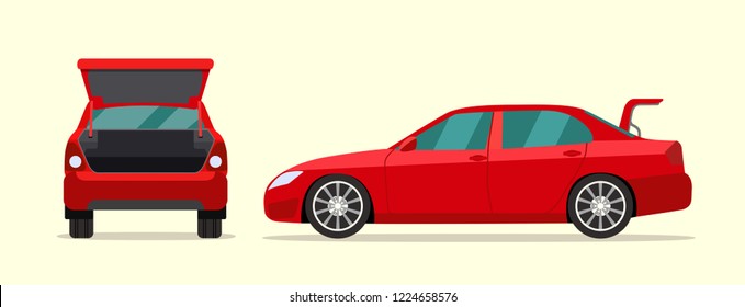 Сar sedan with open boot. Side and back view. Vector flat style illustration