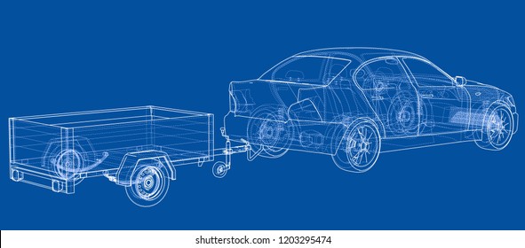 Sedan with open trailer sketch. Vector rendering of 3d. Wire-frame style. The layers of visible and invisible lines are separated