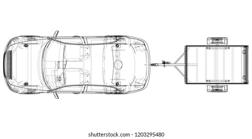 Sedan with open trailer sketch. Vector rendering of 3d. Wire-frame style. The layers of visible and invisible lines are separated