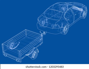 Sedan with open trailer sketch. Vector rendering of 3d. Wire-frame style. The layers of visible and invisible lines are separated