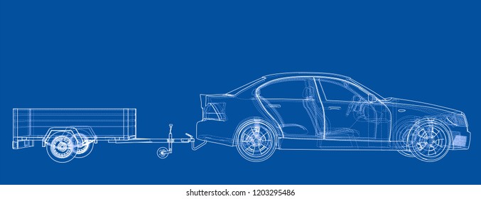 Sedan with open trailer sketch. Vector rendering of 3d. Wire-frame style. The layers of visible and invisible lines are separated