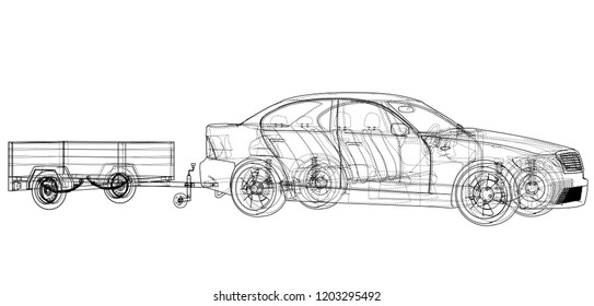 Sedan with open trailer sketch. Vector rendering of 3d. Wire-frame style. The layers of visible and invisible lines are separated