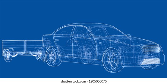 Sedan with open trailer sketch. Vector rendering of 3d. Wire-frame style. The layers of visible and invisible lines are separated