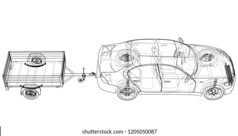 Sedan with open trailer sketch. Vector rendering of 3d. Wire-frame style. The layers of visible and invisible lines are separated