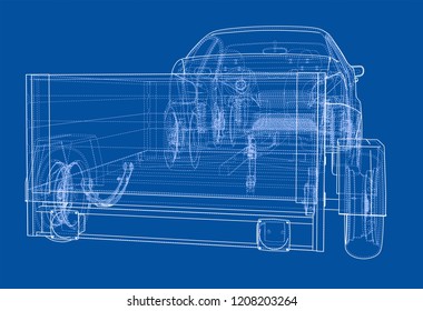 Sedan with open trailer sketch. Vector rendering of 3d. Wire-frame style. The layers of visible and invisible lines are separated