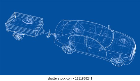 Sedan with open trailer sketch. Vector rendering of 3d. Wire-frame style. The layers of visible and invisible lines are separated