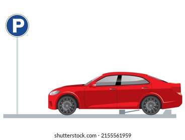 sedan that stops at coin parking, a sideways illustration of a car, a white background parking sign