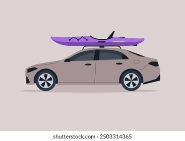 A sedan with a vibrant purple canoe atop it is ready for a summer adventure, showcasing a unique blend of land and water travel