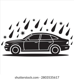 Sedate sedan navigating through a rainstorm under starry skies