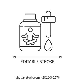 Sedativ fällt lineares Symbol ab. Verminderung der Spannung, der Angst. Beruhigende Medizin. Hilfe beim Schlafen. Dünne, anpassbare Illustration. Contour-Symbol. Vektor-einzelne Rahmenzeichnung. Bearbeitbarer Hub