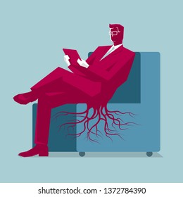  Sedentary Businessman. Unhealthy Life. Isolated On Blue Background.