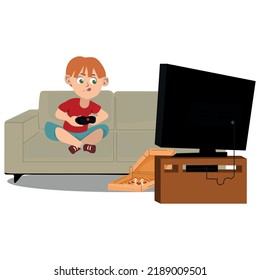 Sedentary Child Playing Video Games On A Big Television.