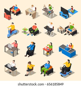 Sedentary icon isometric collection of sixteen isolated image compositions of sitting human characters at different work vector illustration