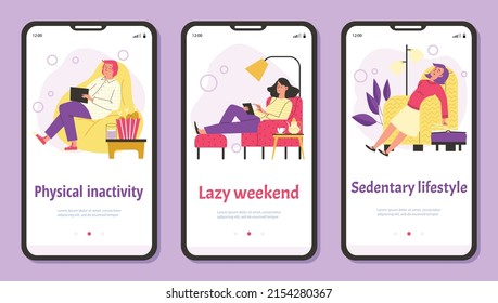 Sedentary lazy lifestyle and physical inactivity templates collection for mobile app onboarding start page with cartoon characters, flat vector illustration.