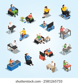 sedentary life icon set brainstorming people isometric
