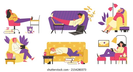 Sedentary lifestyle characters set of frustrated lazy people at home, flat cartoon vector illustration isolated on white background. Tiredness and fatigue concept.