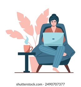 Sedentary Lifestyle Concept. Young woman sitting in an armchair with laptop, cap of tea on the table and home plant behind. Remote working, passive or inactive lifestyle concept. Isolated on white