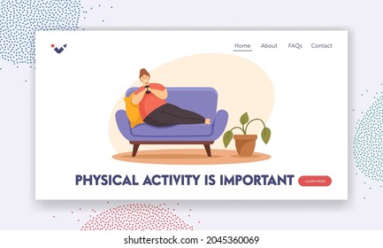 Sedentary Lifestyle, Gadget Addictions, Adipositas Landing Page Template. Übergewichtige weibliche Charaktere, die auf Sofa mit Smartphone-Chatting in Social Media-Netzwerk spielen. Vektorgrafik von Cartoon People