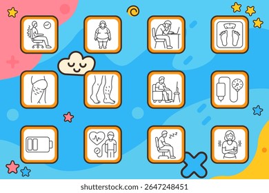 Ícone do estilo de vida sedentário. Postura da cadeira de escritório, figura obesa, fadiga de mesa, escala corporal, celulite, pernas varicosas, homem assistindo TV, monitor de pressão, bateria baixa, checagem de coração, cochilo, corpo congelante