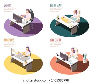 Sedentary lifestyle isometric 4x1 set of compositions with working place spots tables and people with text vector illustration