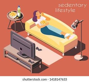 Sedentary lifestyle isometric background with text living room furniture tv set and woman laying on sofa vector illustration