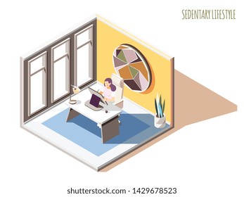 Sedentary lifestyle isometric composition with text and female character sitting at table in her working room vector illustration