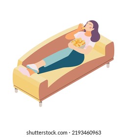 Sedentary lifestyle isometric concept with woman lying on sofa and eating junk food 3d vector illustration