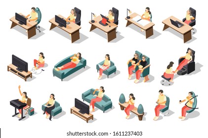 Sedentary lifestyle isometric recolor icon set with girl doing different activities in a sitting position vector illustration