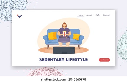 Sedentary Lifestyle Landing Page Template. Unhealthy Eating, Bad Habit Concept. Fat Lazy Woman Sit on Couch at Home with Fast Food Watching Tv. Female Character Obesity. Cartoon Vector Illustration