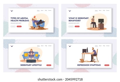 Sedentary Lifestyle Landing Page Template Set. Lazy People Sitting on Sofa Eating Fast Food, Watch Tv. Fat Characters Spend Time at Home, Bad Habits, Inactive Life. Cartoon Vector Illustration