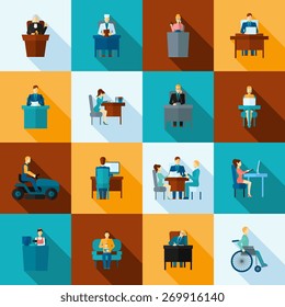Sedentary lifestyle low mobility work and living icon flat set isolated vector illustration